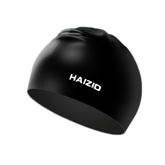 HAIZID silicone waterproof swimming cap, black, with HAIZID logo on front