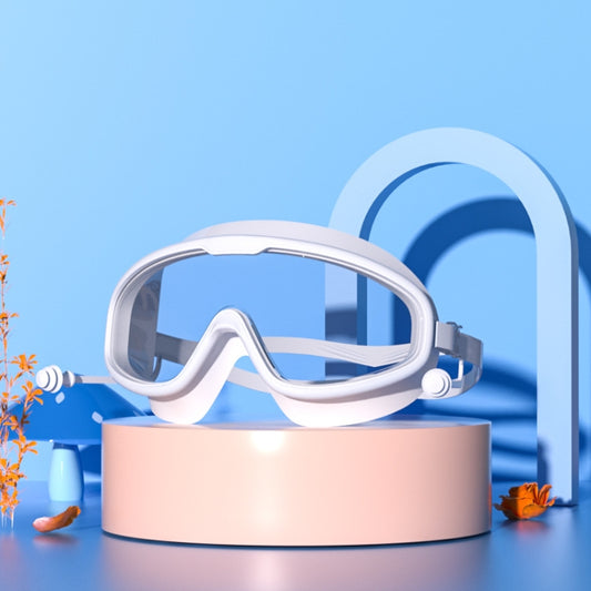Kids swim goggles with large clear anti-fog lens, white frame and strap