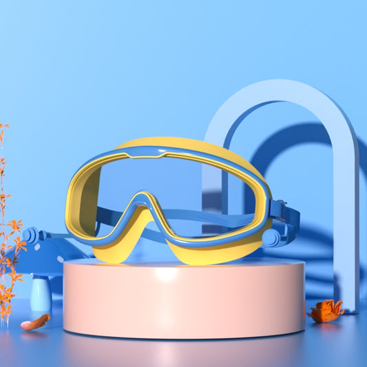 Kids swim goggles with large clear anti-fog lens, yellow and blue frame