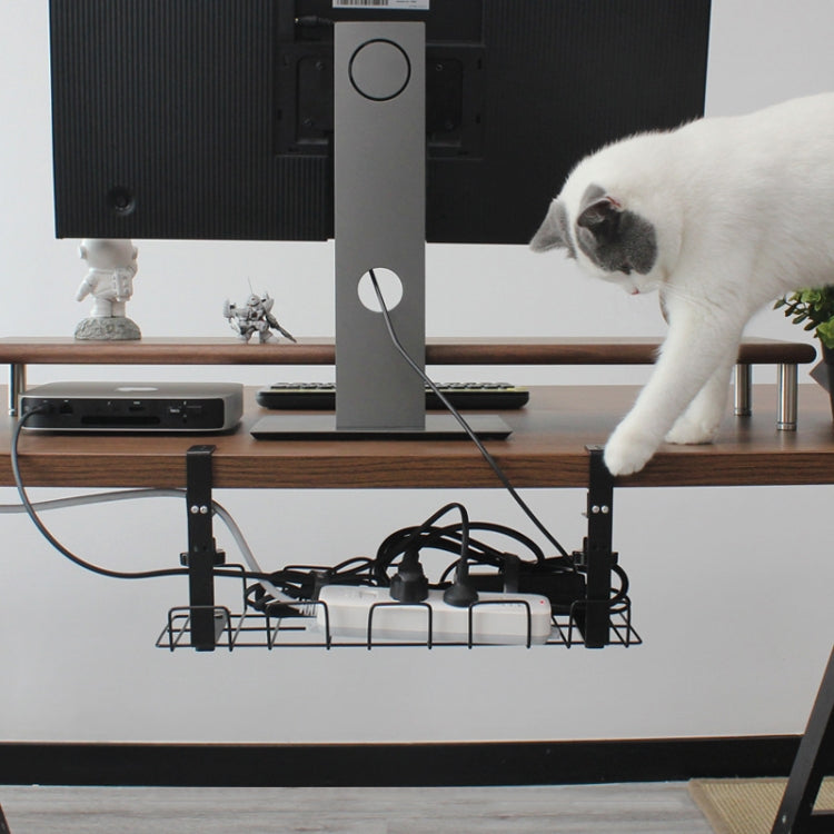 Under-desk cable management tray with black metal rack and mounting posts
