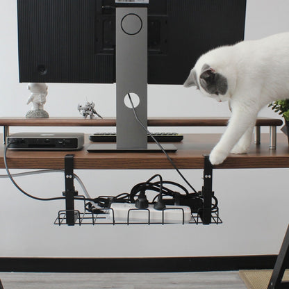 Under-desk cable management tray with black metal rack and mounting posts