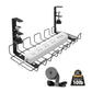 Under-desk cable organizer tray with black posts and metal wire cable loops