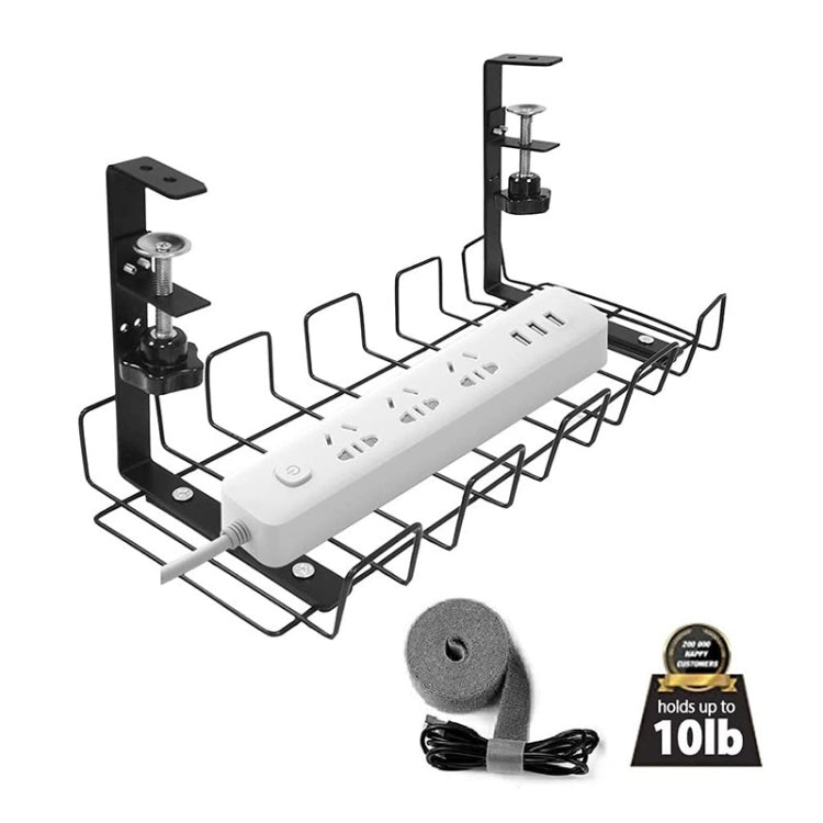 Under-desk cable organizer tray with black posts and metal wire cable loops