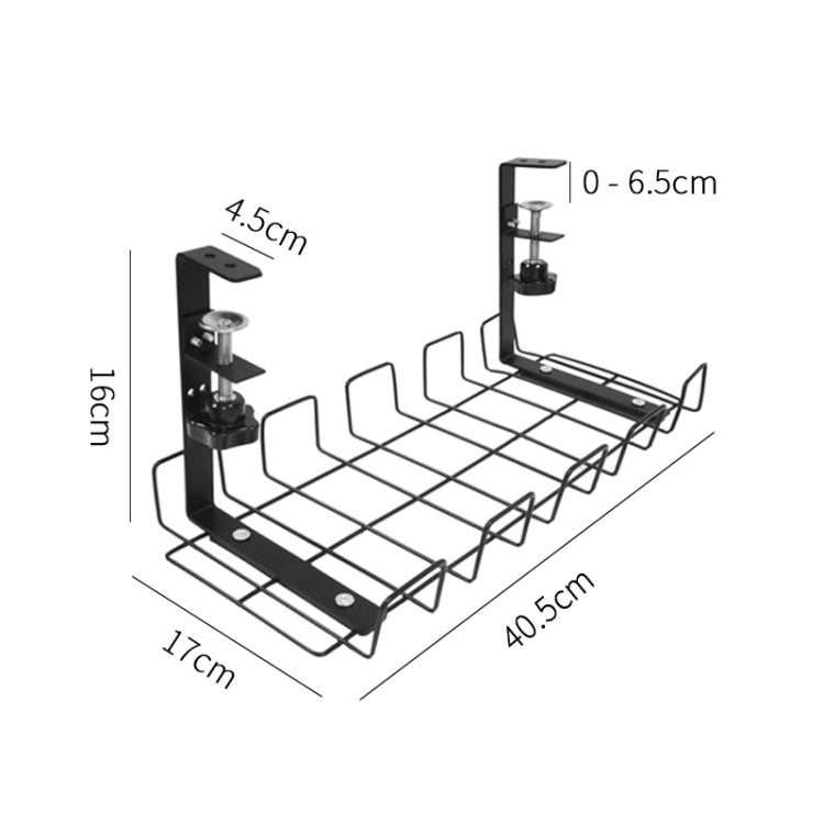 Under-desk cable management tray organizer with black wire loops and frame