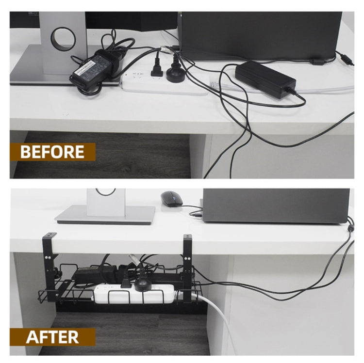 Under-desk cable management tray organizing cords and power adapters
