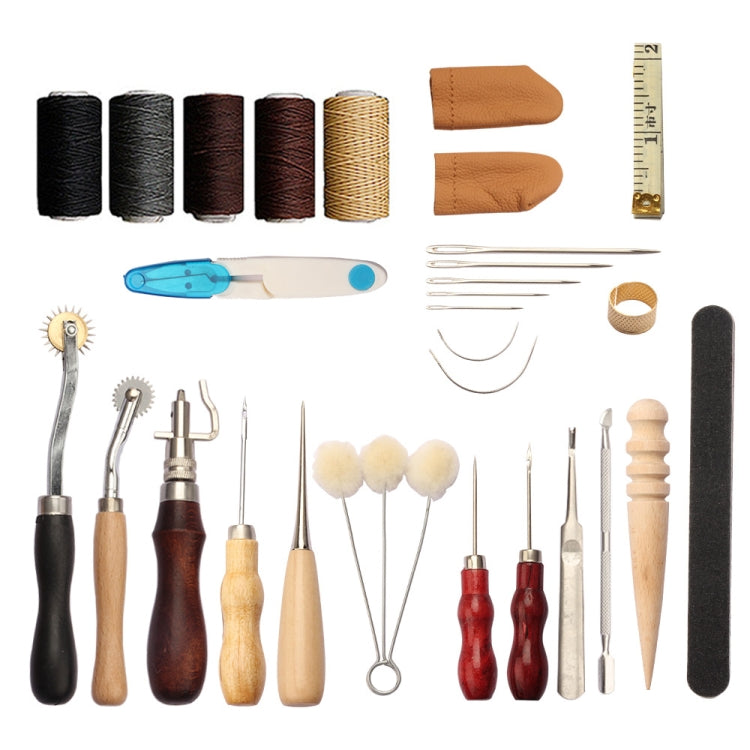 Handmade leather craft tool set with spools, measuring ruler, needles, and awls