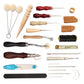 Leather sewing craft tools assortment with awls, thread spools, stitcher, and measuring tape