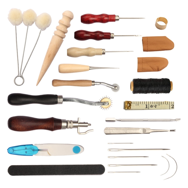 Leather sewing craft tools assortment with awls, thread spools, stitcher, and measuring tape