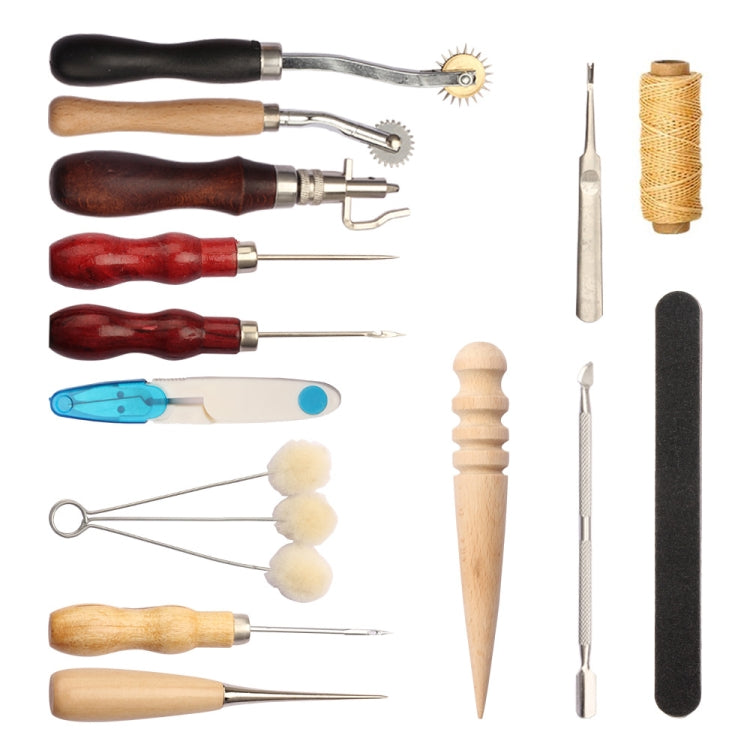 Leather craft tool set close-up with awls, scrapers, thread spool, and edge tools
