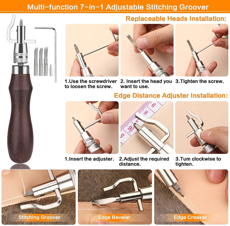 Stitching and edge groover tool with adjustable handle and replaceable heads