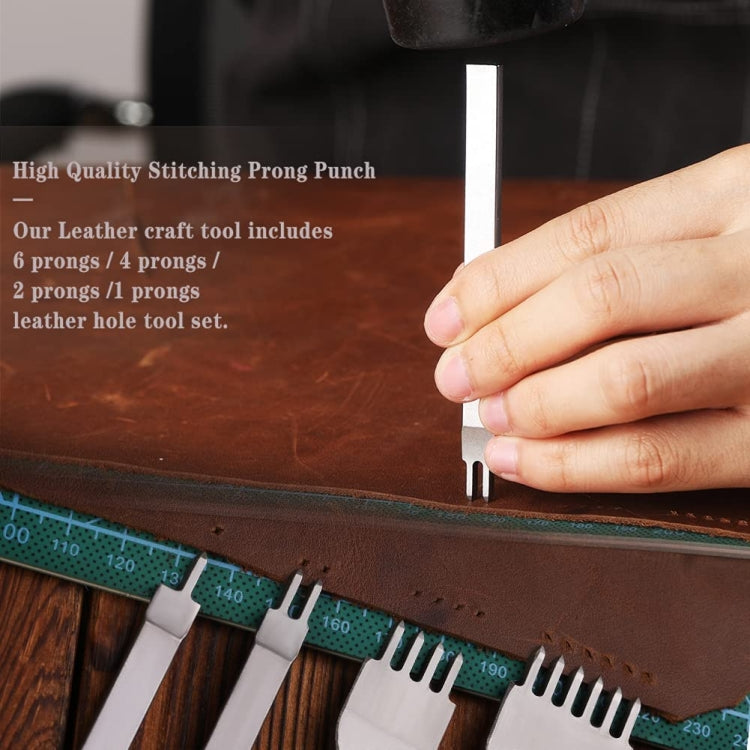 Hand using a prong punch tool to mark and punch holes in leather