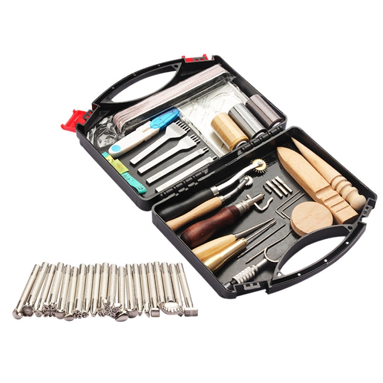 Leather DIY tool set in black case with metal blades, wooden handles, and sewing needles