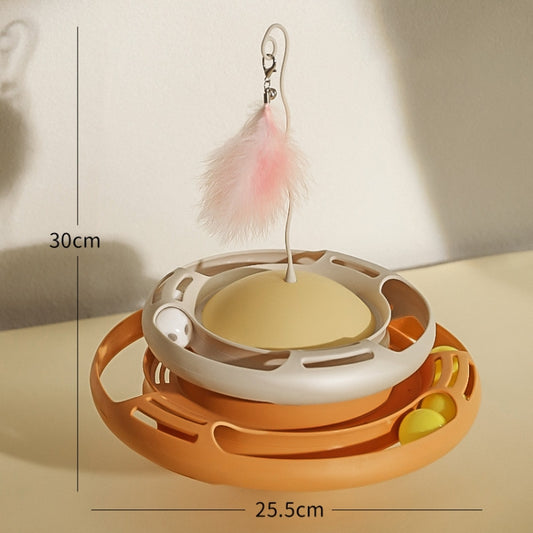 Cat planet tumbler turntable toy with pink feather teaser and orange-and-white base.