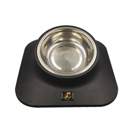 Black tilted pet food feeder with stainless steel single bowl