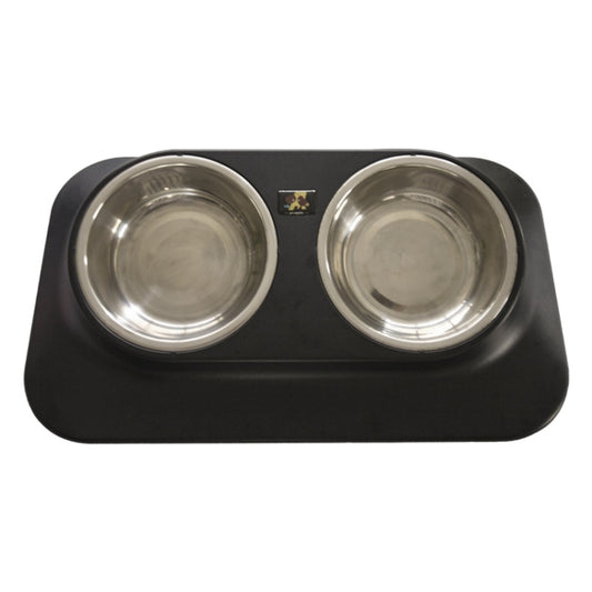 Black pet food feeder with two stainless steel bowls