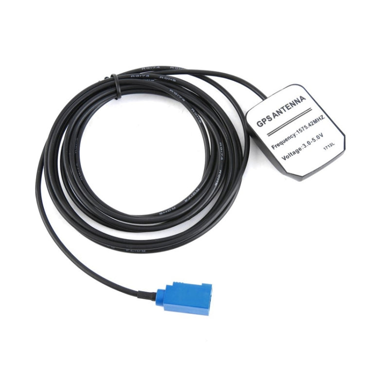 Car GPS antenna amplifier with black cable, blue connector, and GPS antenna label