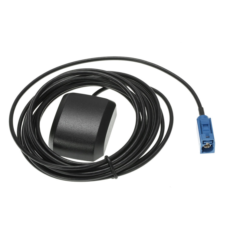 Black GPS signal amplifier cable with square plastic module and blue connector.