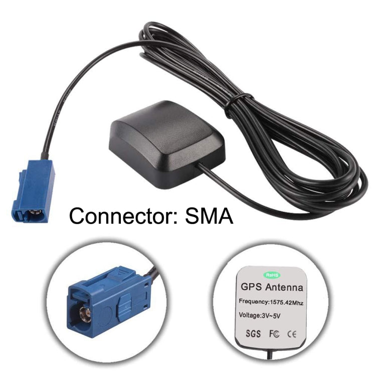 GPS signal amplifier with black base, black wire, and SMA connector.