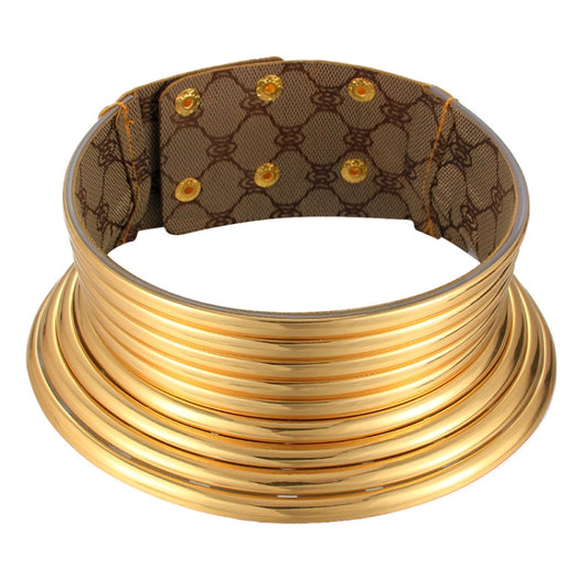 Gold metal ring choker with dark brown leather lining and circular stud accents