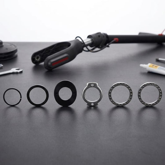 Electric scooter bearing ring set with black and silver caps, rings and clamp