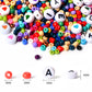 Assorted colorful letter beads with white disc beads printed in black letters