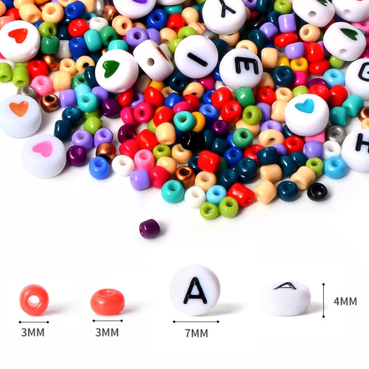 Assorted colorful letter beads with white disc beads printed in black letters