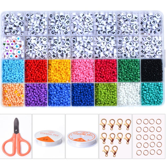 Alphabet letter beads in a plastic grid organizer with multicolor rice beads