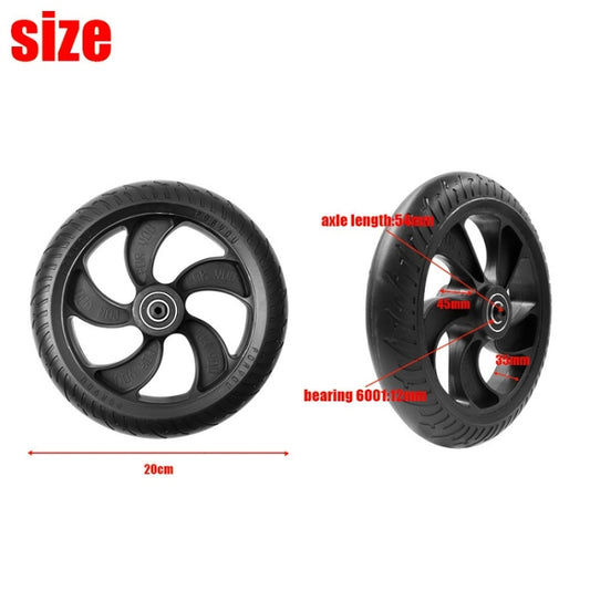 8-inch scooter front wheel accessory with black solid tire and 5-spoke rim, side view