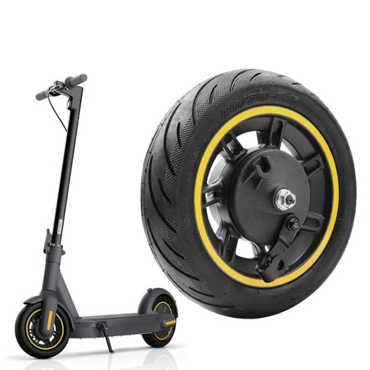 10-inch tubeless front scooter wheel with black tire and yellow rim stripe