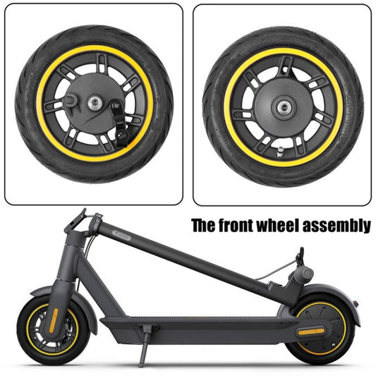 Tubeless front wheel assembly with black spokes, hub, and yellow rim border