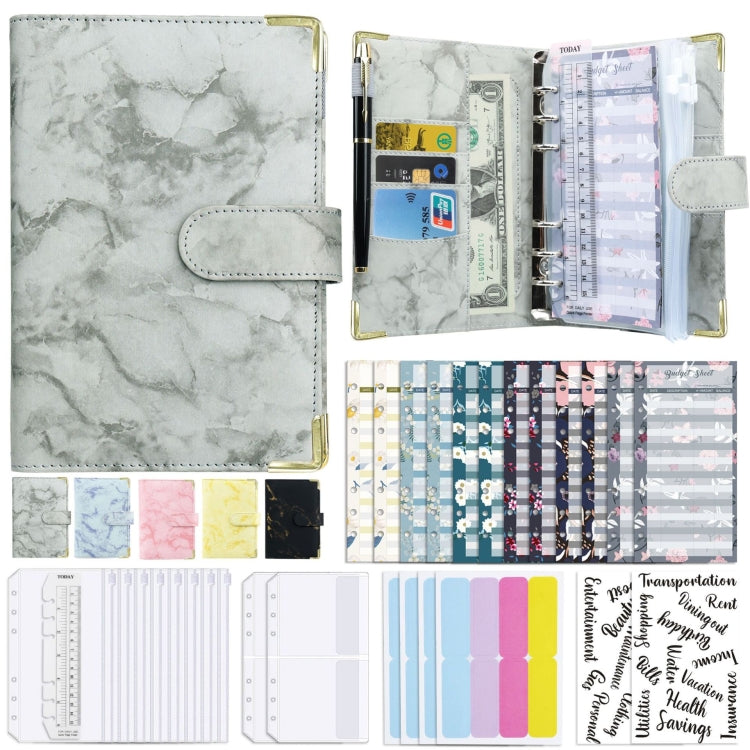 A6 marbled PU leather binder, gray cover, open with planner pages and metal rings