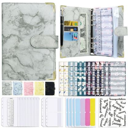 A6 marbled PU leather binder, gray cover, open with planner pages and metal rings