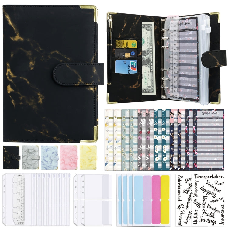 A6 marbled PU leather binder, black cover, open with planner pages and metal rings
