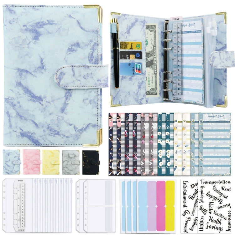A6 marbled PU leather binder, blue-purple cover, open with planner pages and metal rings