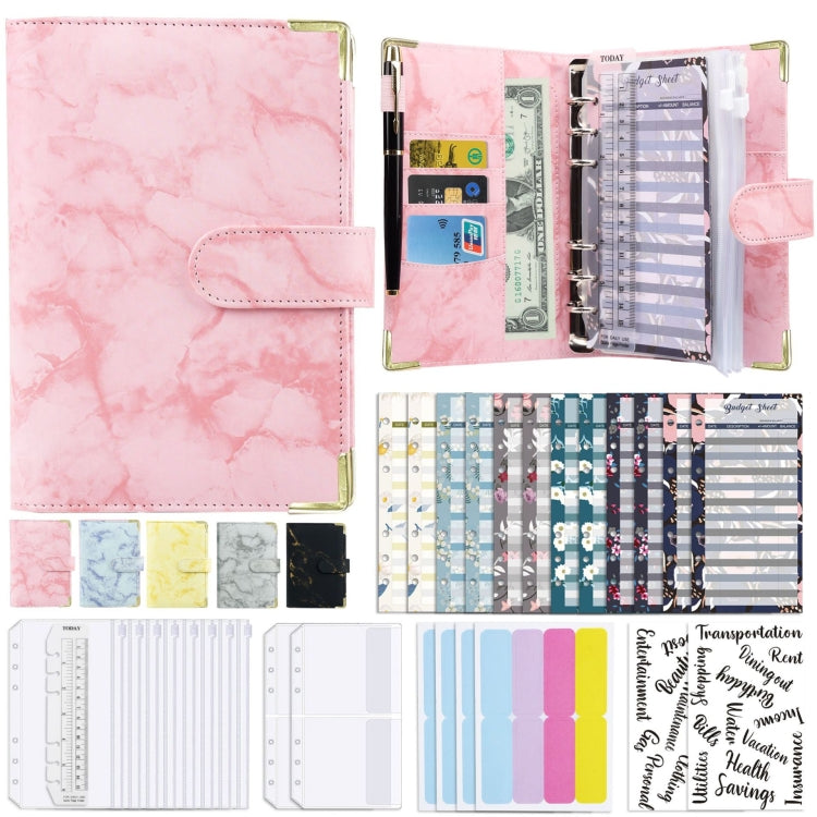 A6 marbled PU leather binder, pink cover, open with planner pages and metal rings
