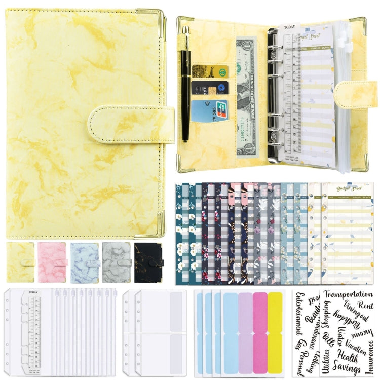 A6 marbled PU leather binder, yellow cover, open with planner pages and metal rings