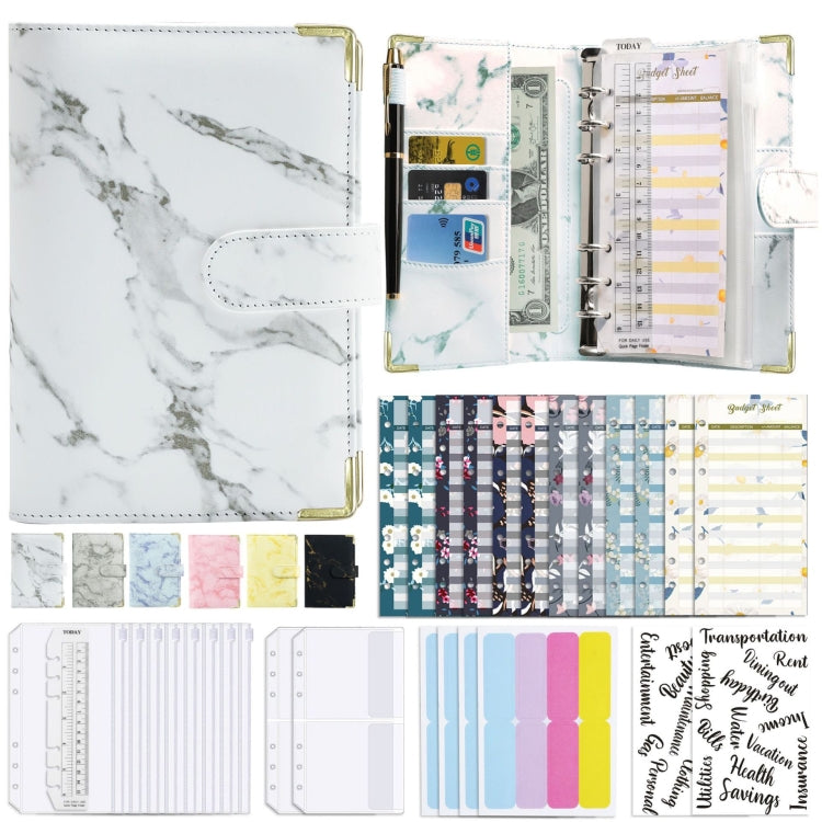 A6 marbled PU leather binder, white cover, open with planner pages and metal rings