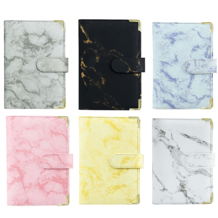 A6 marbled PU leather binder set showing gray, black, blue, pink, yellow, and white covers