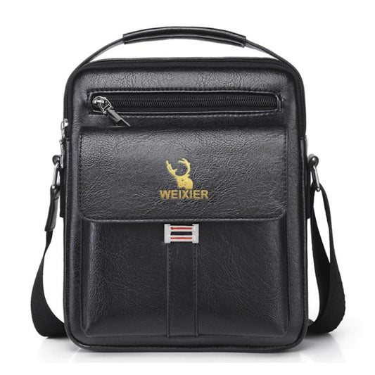 Men’s business bag shoulder backpack, black faux leather, front zipper flap and logo.