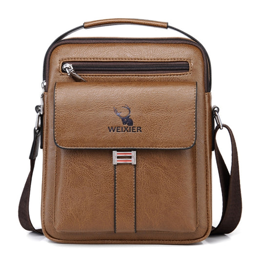 Men’s business bag shoulder backpack, light brown faux leather, front zipper flap and logo.