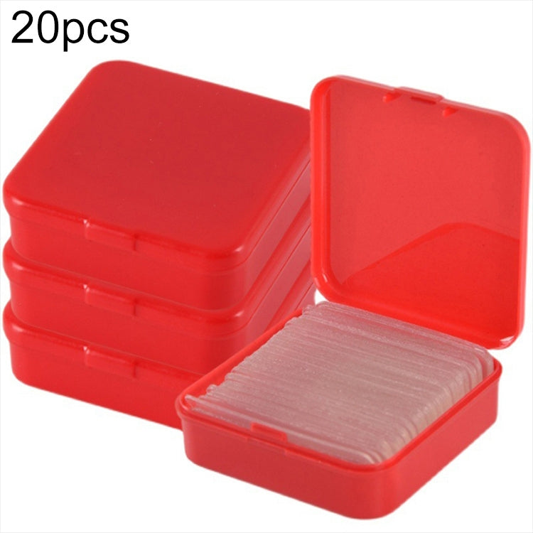 Transparent double-sided tape stickers in red storage boxes, multiple stacked pieces