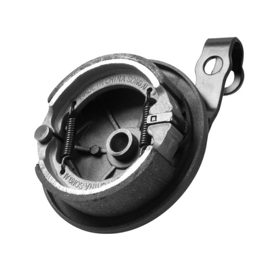 Black front wheel brake drum assembly showing springs and brake shoes