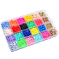 24-grid clear plastic bead organizer with mixed blue, pink, gold, and green ceramic beads