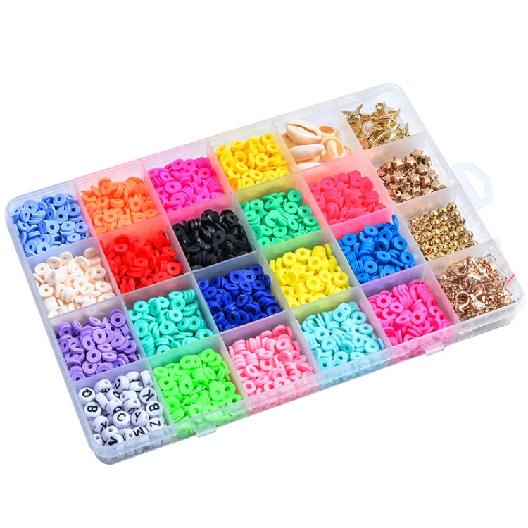 24-grid clear plastic bead organizer with mixed blue, pink, gold, and green ceramic beads