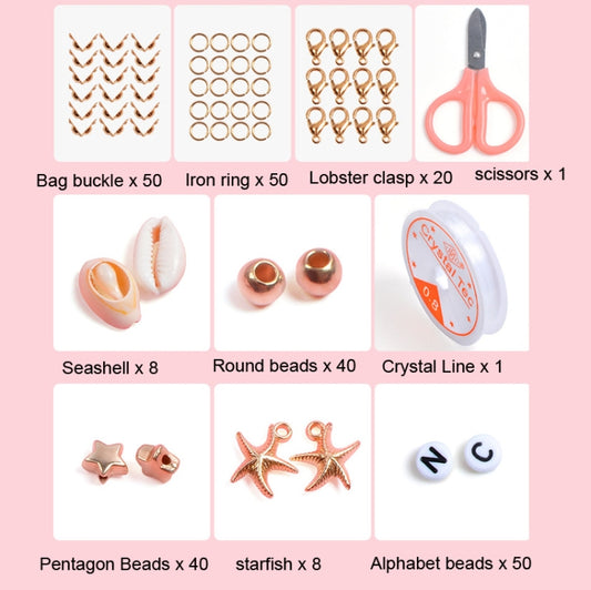 DIY jewelry kit: bag buckles, iron rings, lobster clasps, scissors, and letter beads