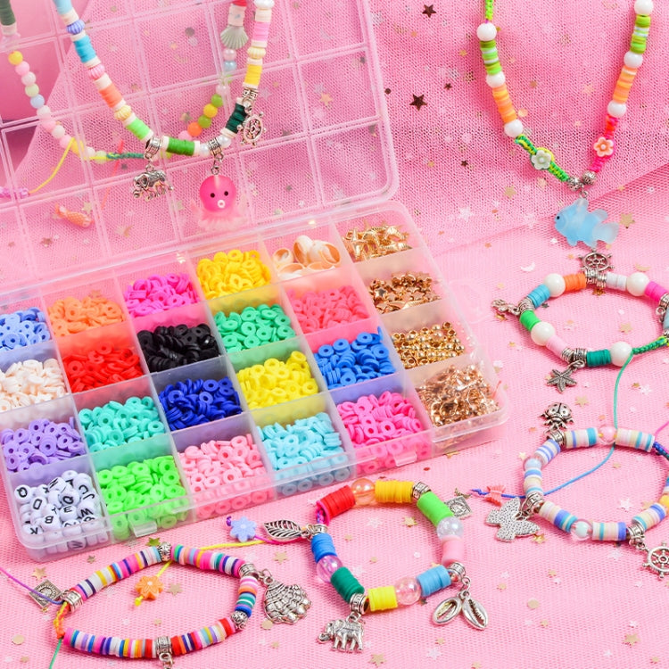 Multicolor bead bracelets with starfish and shell charms and a bead-flake bead case