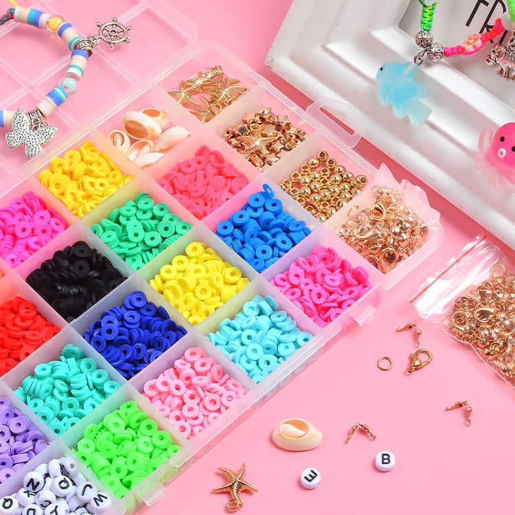 24-grid ceramic bead flakes organizer with gold connectors and finished multicolor bracelets