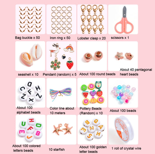 DIY bead jewelry accessory set with clips, charms, shell beads, alphabet beads, and wire