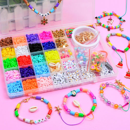 Colorful DIY bead jewelry set with charm bracelets, bead organizer, and mixed small beads