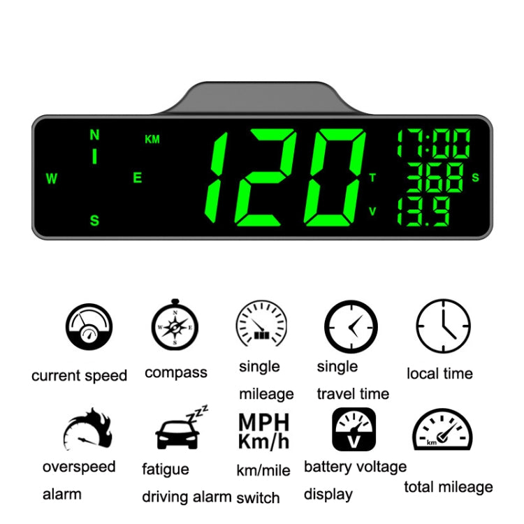 Car HUD display with green speed/compass screen and feature icons